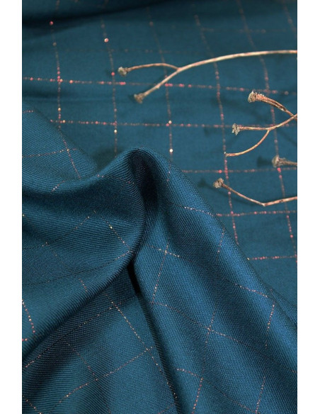 Tecido sarja de viscose xadrez azul petróleo lurex cobre - Églantine & Zoé