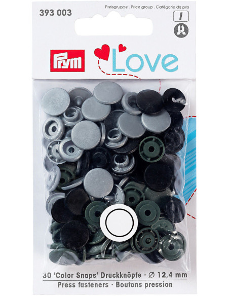 Conjunto de 30 botões de pressão Color Snaps 12,4 mm - Cinza, antracite e preto