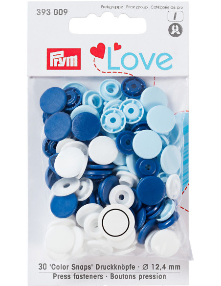 Conjunto de 30 botões de pressão Color Snaps 12,4 mm - Azul, branco e azul claro