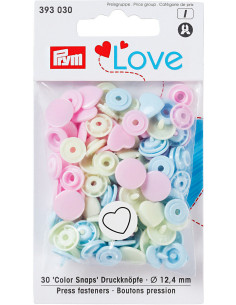 Conjunto de 30 botões de pressão Color Snaps Corações 12,4 mm - Rosa, verde limão e azul céu