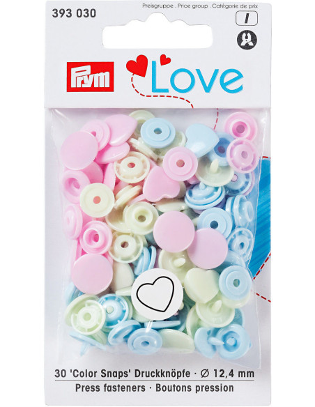 Conjunto de 30 botões de pressão Color Snaps Corações 12,4 mm - Rosa, verde limão e azul céu