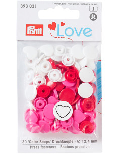 Conjunto de 30 botões de pressão Color Snaps Corações 12,4 mm - Vermelho, branco e fúcsia