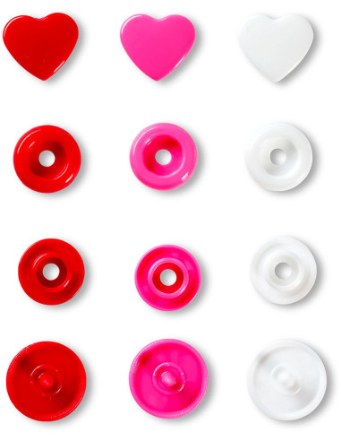 Conjunto de 30 botões de pressão Color Snaps Corações 12,4 mm - Vermelho, branco e fúcsia