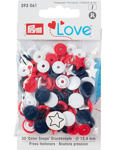 Conjunto de 30 botões de pressão Color Snaps Estrelas 12,4 mm - Vermelho, branco e azul-marinho