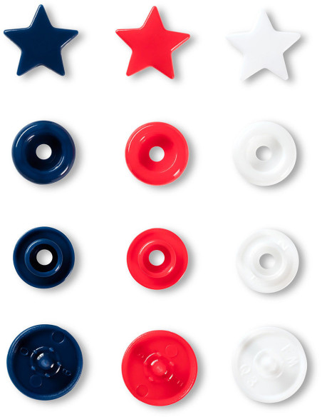 Conjunto de 30 botões de pressão Color Snaps Estrelas 12,4 mm - Vermelho, branco e azul-marinho