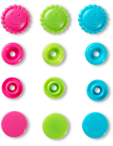 Conjunto de 21 botões de pressão Color Snaps Flores 13,6 mm - Turquesa, verde e fúcsia
