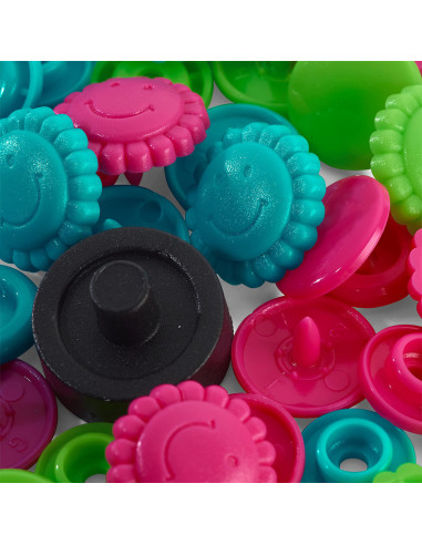Conjunto de 21 botões de pressão Color Snaps Flores 13,6 mm - Turquesa, verde e fúcsia
