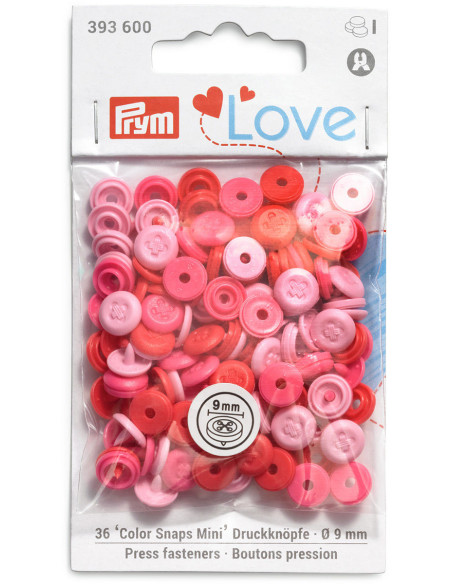 Conjunto de 36 botões de pressão Color Snaps Mini 9 mm Óptico - Rosa, fúcsia e vermelho
