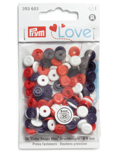 Conjunto de 36 botões de pressão Color Snaps Mini 9 mm Óptico - Azul, branco e vermelho