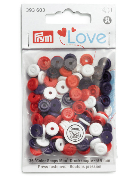 Conjunto de 36 botões de pressão Color Snaps Mini 9 mm Óptico - Azul, branco e vermelho