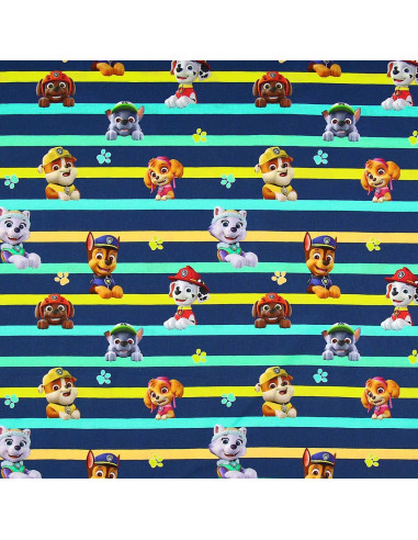 Tecido jersey Patrulha Pata - Personagens e linhas coloridas
