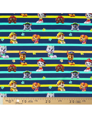 Tecido jersey Patrulha Pata - Personagens e linhas coloridas