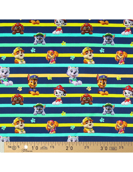 Tecido jersey Patrulha Pata - Personagens e linhas coloridas