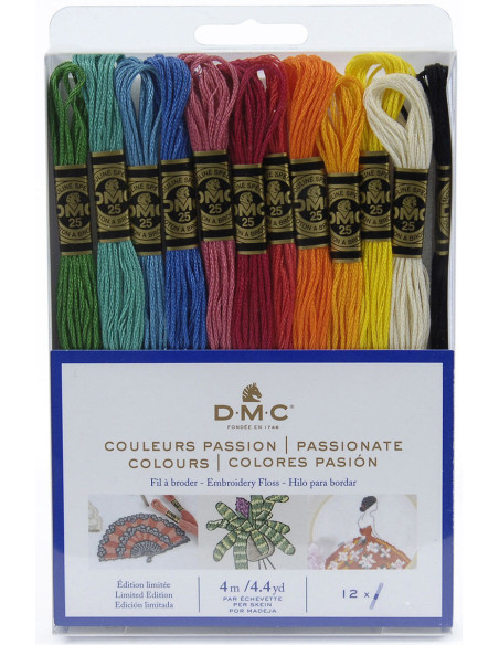 Pack de 12 meadas de fios para bordar mouliné DMC - Cores paixão