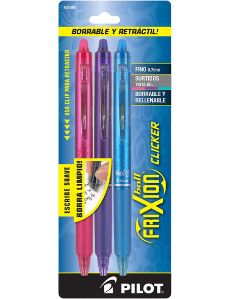 Conjunto de 3 canetas roller Pilot FriXion Ball Clicker - Fúcsia, violeta e turquesa