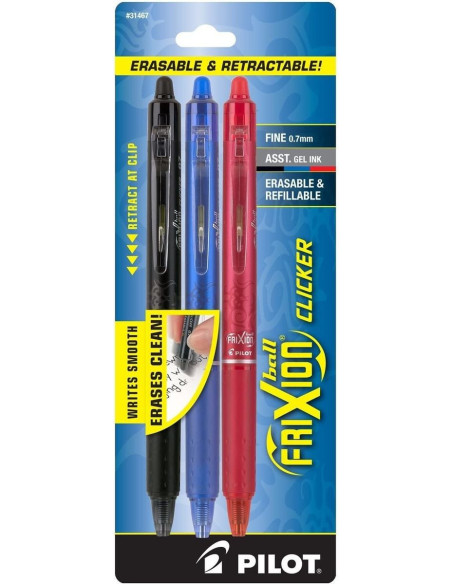 Conjunto de 3 canetas roller Pilot FriXion Ball Clicker - Preto, azul e vermelho