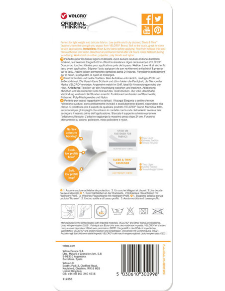 VELCRO® Brand Sleek & Thin adesivo para têxteis 19mm x 60cm Branco