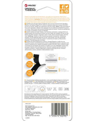 VELCRO® Brand Sleek & Thin adesivo para têxtil 19mm x 60cm Preto