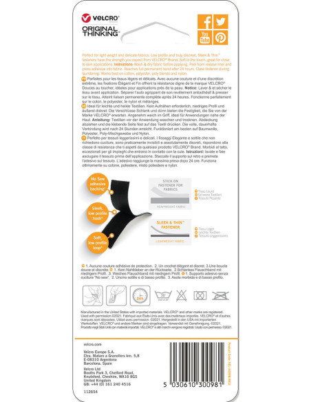 VELCRO® Brand Sleek & Thin adesivo para têxtil 19mm x 60cm Preto