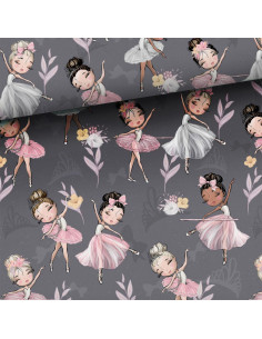 Tecido de algodão premium - Pequenas bailarinas fundo cinza
