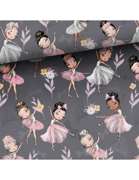 Tecido de algodão premium - Pequenas bailarinas fundo cinza