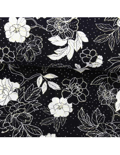 Tecido lycra para fato de banho - Flores preto e branco