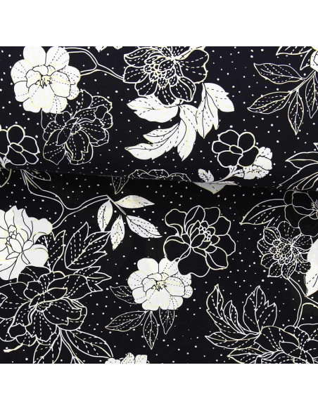 Tecido lycra para fato de banho - Flores preto e branco