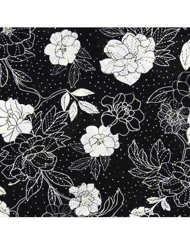 Tecido lycra para fato de banho - Flores preto e branco