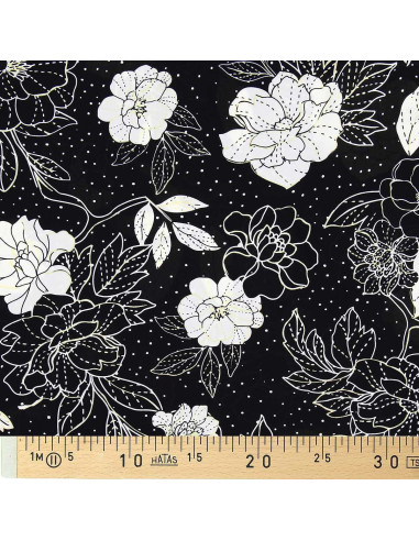 Tecido lycra para fato de banho - Flores preto e branco