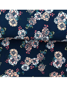 Tecido lycra maiô - Flores fundo azul marinho