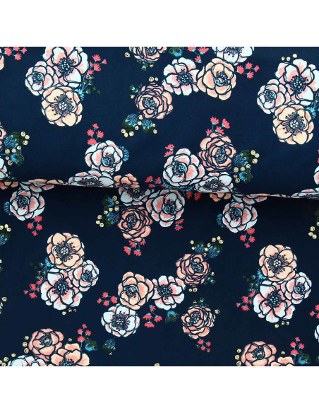 Tecido lycra maiô - Flores fundo azul marinho