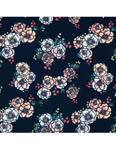 Tecido lycra maiô - Flores fundo azul marinho 2