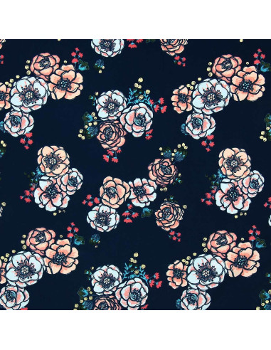 Tecido lycra maiô - Flores fundo azul marinho