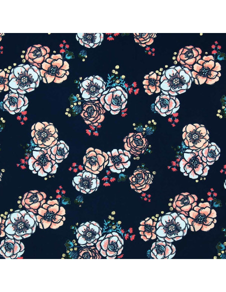 Tecido lycra maiô - Flores fundo azul marinho