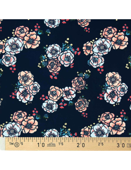 Tecido lycra maiô - Flores fundo azul marinho