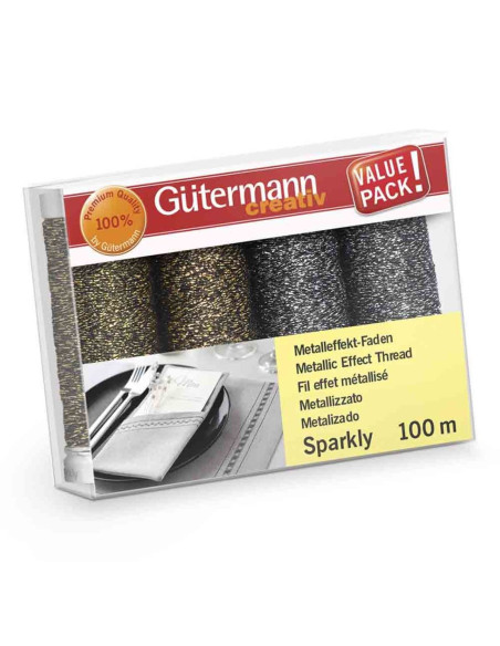 Conjunto de 4 linhas de costura Gütermann Sparkly - Ouro e prata
