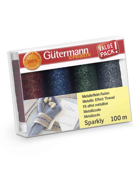 Conjunto de 4 linhas de costura Gütermann Sparkly - Vermelho, azul, verde e marinho