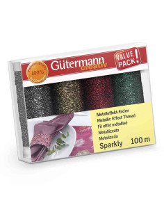 Conjunto de 4 linhas de costura Gütermann Sparkly - Prata, ouro, vermelho e verde