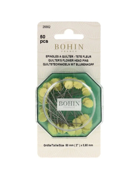 Caixa de 50 alfinetes de quilting com cabeça de flor amarela de plástico Bohin