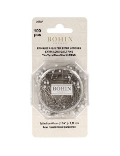 Caixa de 100 alfinetes de cabeça de vidro extra longos brancos Bohin