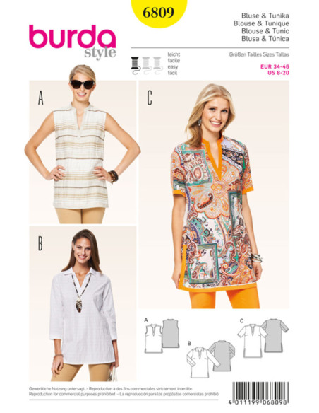 Molde de blusa e túnica - Burda 6809