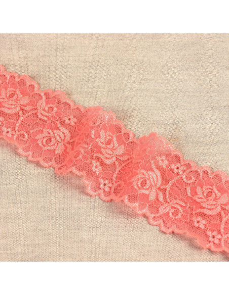 Renda elástica flores e hastes - Coral