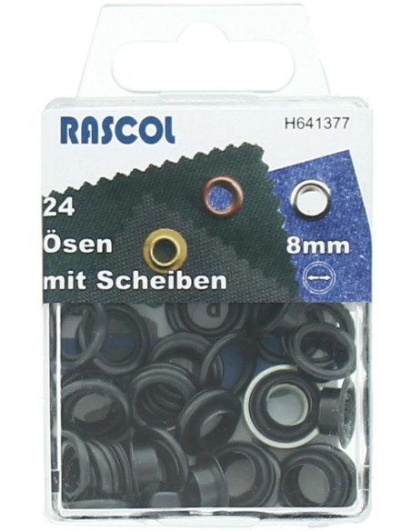 Caixa com 24 ilhós de 8 mm com ferramenta de aplicação Rascol - Preto