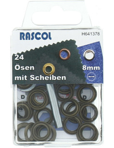 Caixa com 24 ilhós de 8 mm com ferramenta de aplicação Rascol - Latão antigo