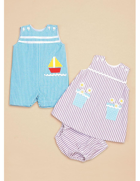 Molde de macacão, vestido e calça para bebês - Butterick 6905
