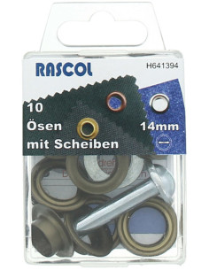 Caixa com 10 ilhós de 14 mm com ferramenta de aplicação Rascol - Latão antigo
