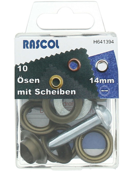 Caixa com 10 ilhós de 14 mm com ferramenta de aplicação Rascol - Latão antigo