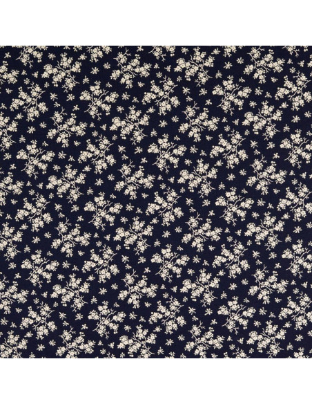 Tecido de algodão vintage - Fundo azul-marinho com pequenas flores cru