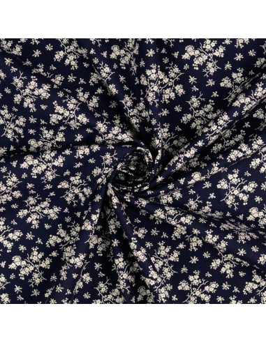 Tecido de algodão vintage - Fundo azul-marinho com pequenas flores cru