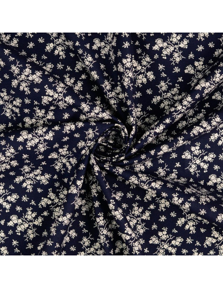 Tecido de algodão vintage - Fundo azul-marinho com pequenas flores cru